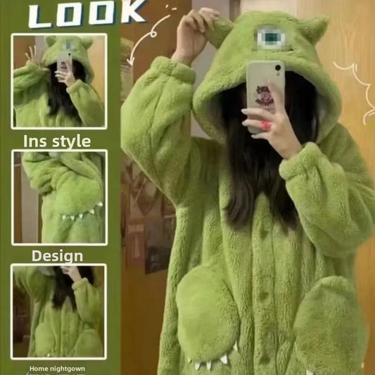 Thick Coral Fleece Pajama Set Cute Big Eyes Character Home Wear Winter Comfortable Sleepwear Outerwear Suitable for All Genders