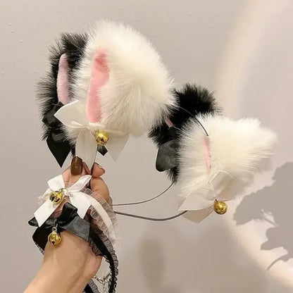Sexy Cat Ear Bow Headband Necklace Plush Bell Hairband Girl Hairhoop Headwear Costume Accessory for Cosplay Masquerade