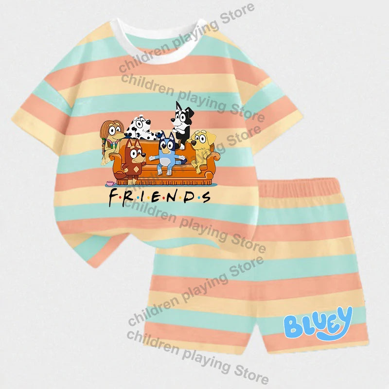 Blueyi Series Child Stripes Sets Summer Girls Boys T-Shirt Shorts Suits Cartoon Bingo Casual Sport Clothes Kids Sleepwear Gifts
