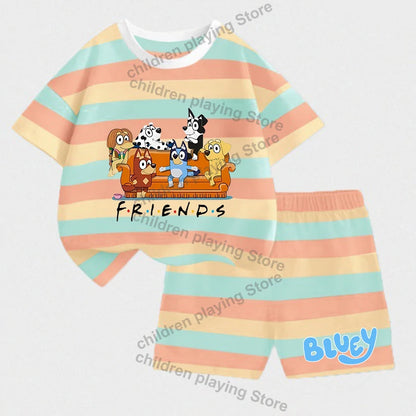 Blueyi Series Child Stripes Sets Summer Girls Boys T-Shirt Shorts Suits Cartoon Bingo Casual Sport Clothes Kids Sleepwear Gifts
