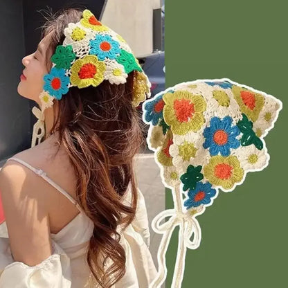 Knitted Triangle Headband French Pastoral Style Little Flower Headband Towel Handmade Crochet Headscarf Hat Spring Summer