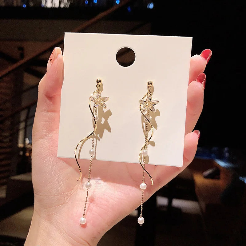 1Pair Korean Style Long Imitation Pearl Tassel Dangle Earrings For Women Trendy Full Crystal Fringe Drop Earring Vintage Jewelry