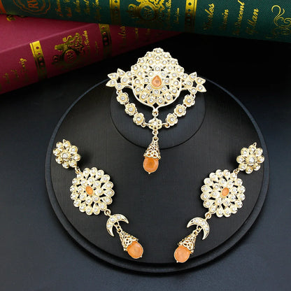 Sunspicems Moroccan Jewelry Sets For Women Gold Color Caftan Waist Chain Belt Orange Bead Choker Necklace Drop Earring Brooch