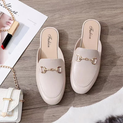 Casual Fashion Ladies Single Shoes Summer Slippers Outdoor Wear Half Slippers Metal Element PVC Material Comfortable Slip-On