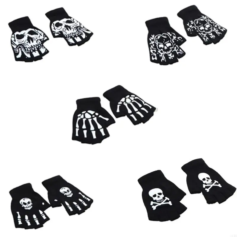 Warm Thermal Gloves Thick Stylish Mitten Gloves Half Finger Halloween Handwear Stylish Skeleton Gloves for Girl Women