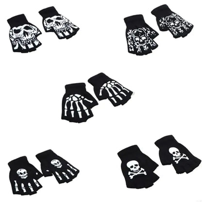 Warm Thermal Gloves Thick Stylish Mitten Gloves Half Finger Halloween Handwear Stylish Skeleton Gloves for Girl Women