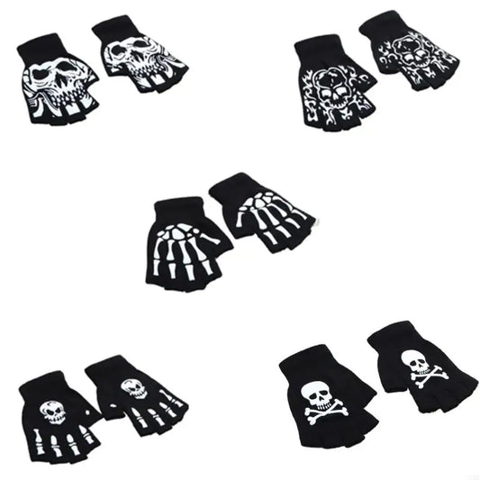 Warm Thermal Gloves Thick Stylish Mitten Gloves Half Finger Halloween Handwear Stylish Skeleton Gloves for Girl Women
