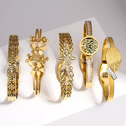 Greatera Irregular Hollow Leaf Flower Decoration Stainless Steel Opens Bracelet For Women Men Cubic Zircon Filled Luxury Bangle