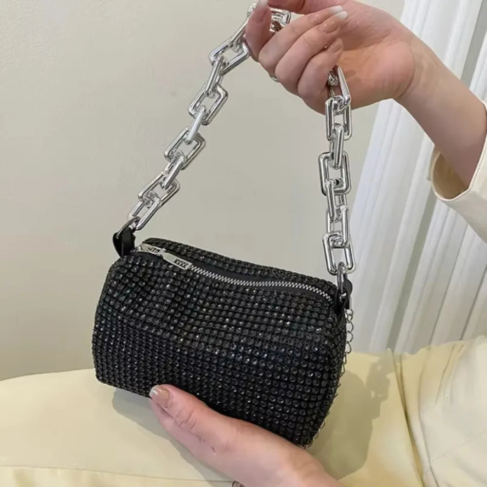All Diamond Design Shoulder Bag Personalized Color Sparkling Bucket Bag Thick Chain Wedding Accessory Underarm Bag
