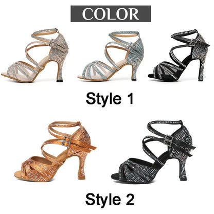 DKZSYIM Rhinestone Women Latin Dance Shoes Latin Salsa Girl Dancing Shoes Black Shiny Ballroom Dance Shoes For Girls Ladies