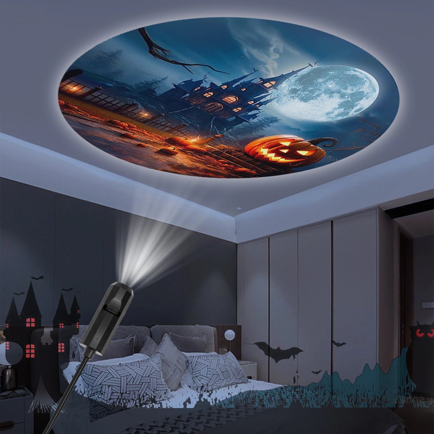 LED atmosphere projection light, pumpkin head and castle creative design, Halloween atmosphere light, USB lamp lighting