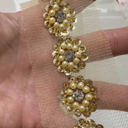 90cm Pearl Beaded Lace Trim Ribbon Garment Decoration Applique Trimming Gold Sequin Tape DIY Sewing Fabric Material Accessories