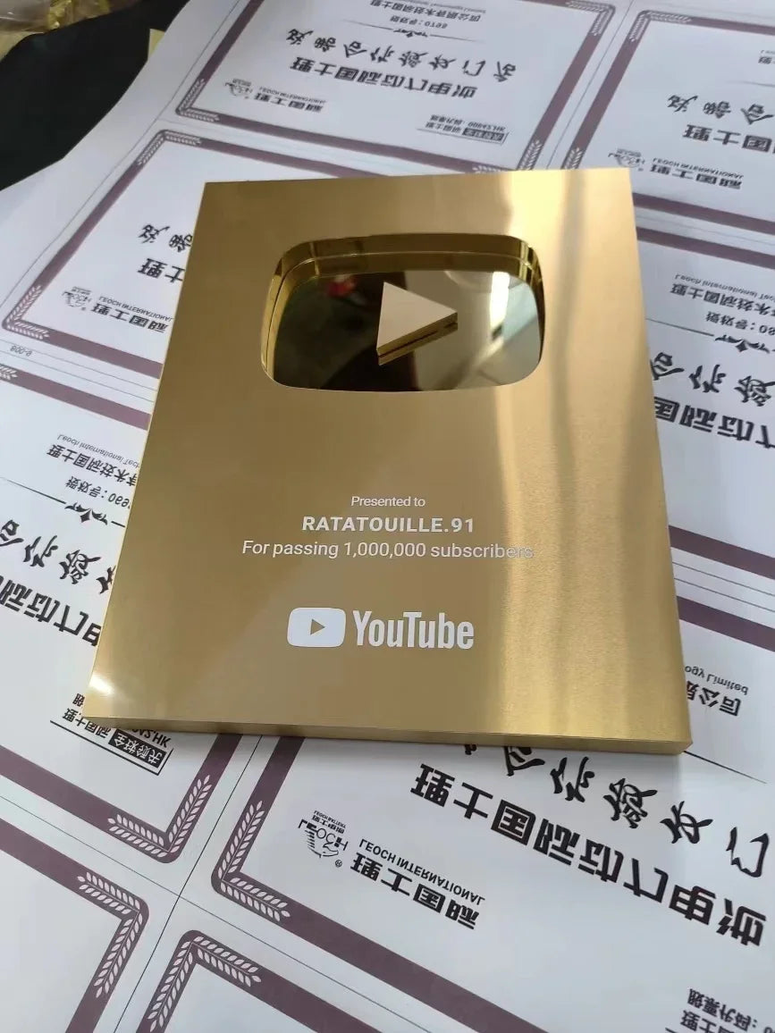 Gold Custom Name YouTube Play Button Award Plaque, Custom YouTube Award