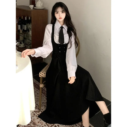 Japanese Style Preppy Fit Waist-Conscious Slimming Crossbody Dress Women's Loose Medium-Length Tank Dress Versatile Korean Versi