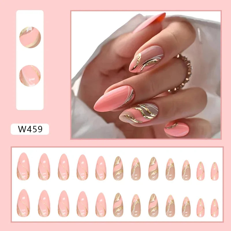 Fresh Green Tea 24 Pcs Fake Nail with Jelly sticker Press on False Nails Wearable Round Head Oval Full Cover Nail Tips