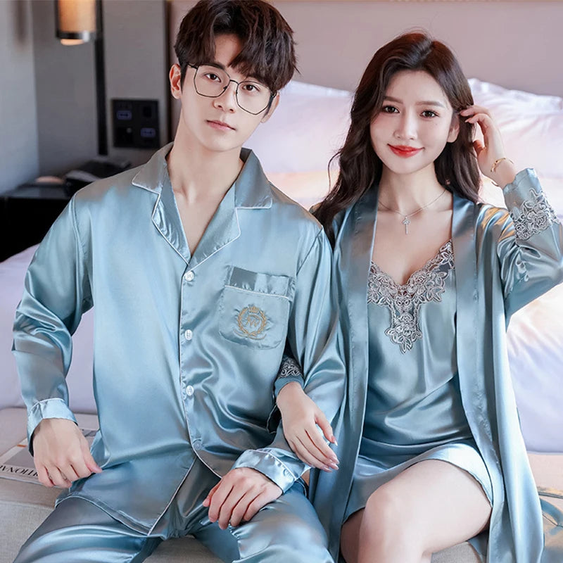 Couple Pajamas Set Women Silk Sexy Nightdress Nightgown Two-Pieces Summer Men's Long-Sleeved Long Pant Home Wear Bridesmaid Robe