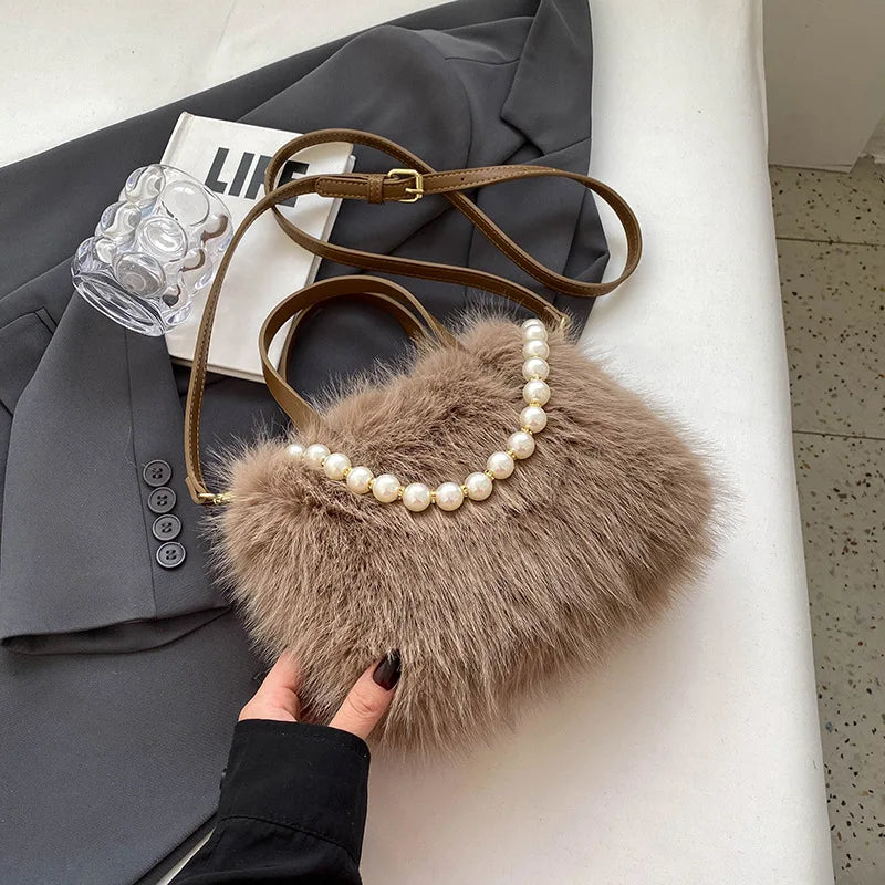 Fairy Handbag Pearl Chain Plush Small Square Bag For Women Fashion Elegant Shoulder Crossbody Bag Autumn Winter Versatile Totes