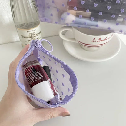 Women Cosmetic Storage Bag Travel Organizer Holder Purse Purple Heart Printed Nylon Mesh Make Up Bag Clear Cute Makeup Bag Pouch