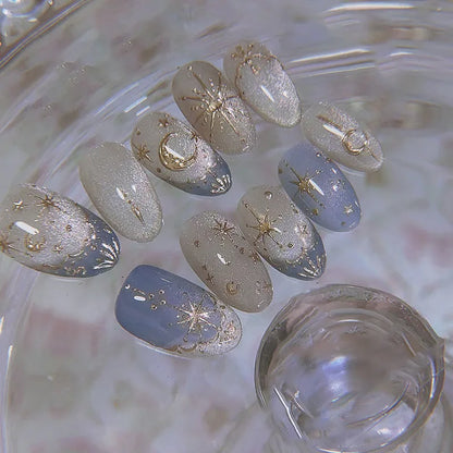 24pcs Romantic Y2k Star Press On Nails Gradient Blue French Style Gold Moon Designs Fake Nail Sweet Almond False Nails For Women