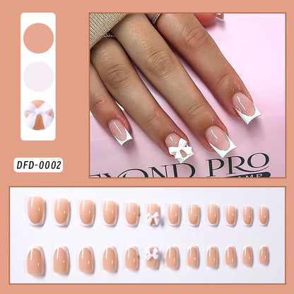 24Pcs White French Square Press on Nails with 3D Bowknot Full Cover Short False Nail Wearable Fake Fingertip for Women&Girls DIY