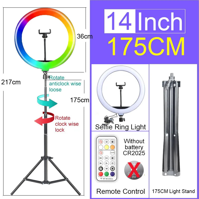 6-14" Ring Light 10 Dimming Levels 22 Modes Professinonal Fill Light 3CCT/RGB with Tripod & Phone/IPad Holder For Live streaming