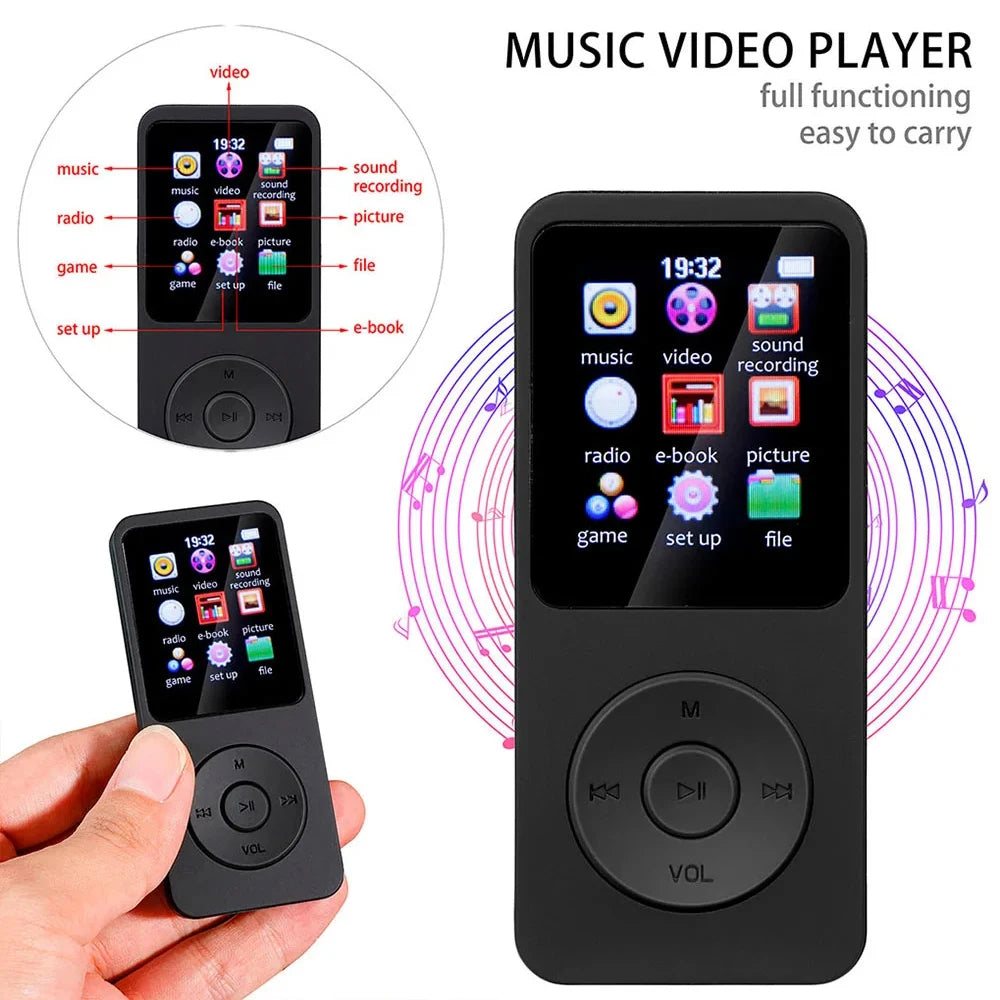 MP3 Player Bluetooth 5.0 Portable Music Player 1.8 inch Built-in Speaker Stereo Music Player Support FM Radio E-Book Recording