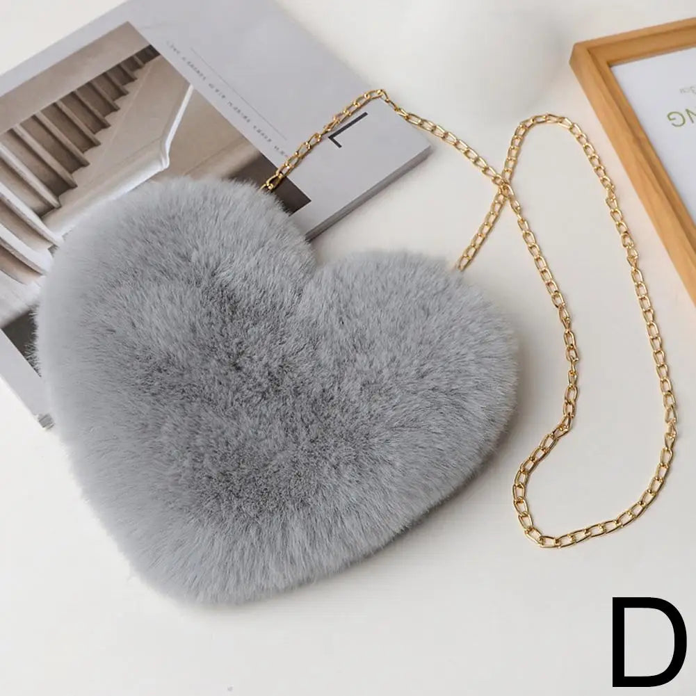 Fashion Women's Heart Shaped Handbags Cute Kawaii Faux Fur Crossbody Bags Wallet Purse Plush Chain Shoulder Bag Lady Handbag