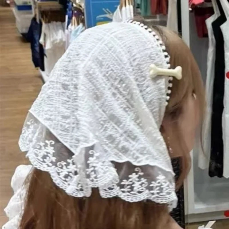 12styles Lace Mesh Triangle Scarf French Country Style Floral Hair Scarf Headwrap for Elegant Women Spring Summer Boho Bandana