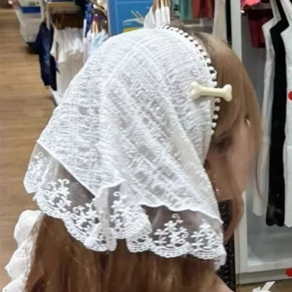 12styles Lace Mesh Triangle Scarf French Country Style Floral Hair Scarf Headwrap for Elegant Women Spring Summer Boho Bandana