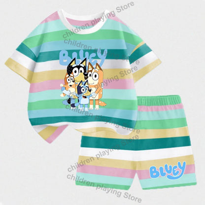Blueyi Series Child Stripes Sets Summer Girls Boys T-Shirt Shorts Suits Cartoon Bingo Casual Sport Clothes Kids Sleepwear Gifts