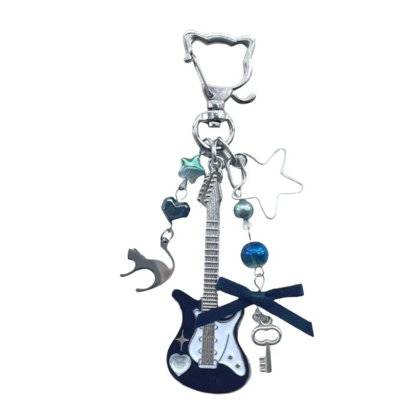 1Piece Y2K Guitar Cat Key Chain For Men Women Pentagram Bow Pendant Fashion Rock Punk Bag Accessories Gift