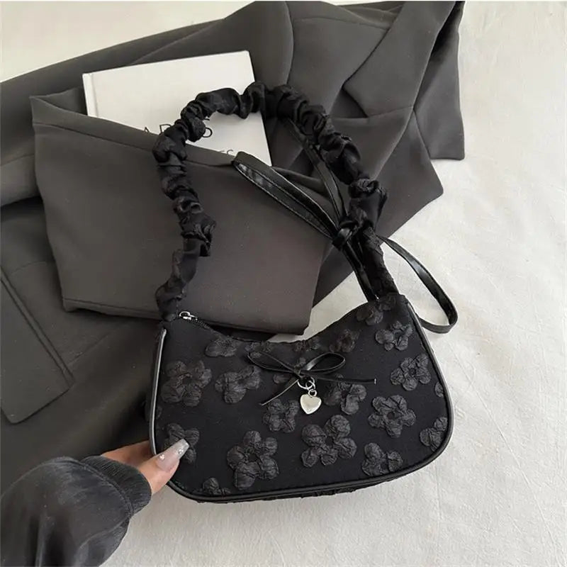 Chic Crescent Bag for Women with Bow Floral Print Pleated Design Trendy Crossbody Bag Sweet Girl's Luxurious Commuter Handbag