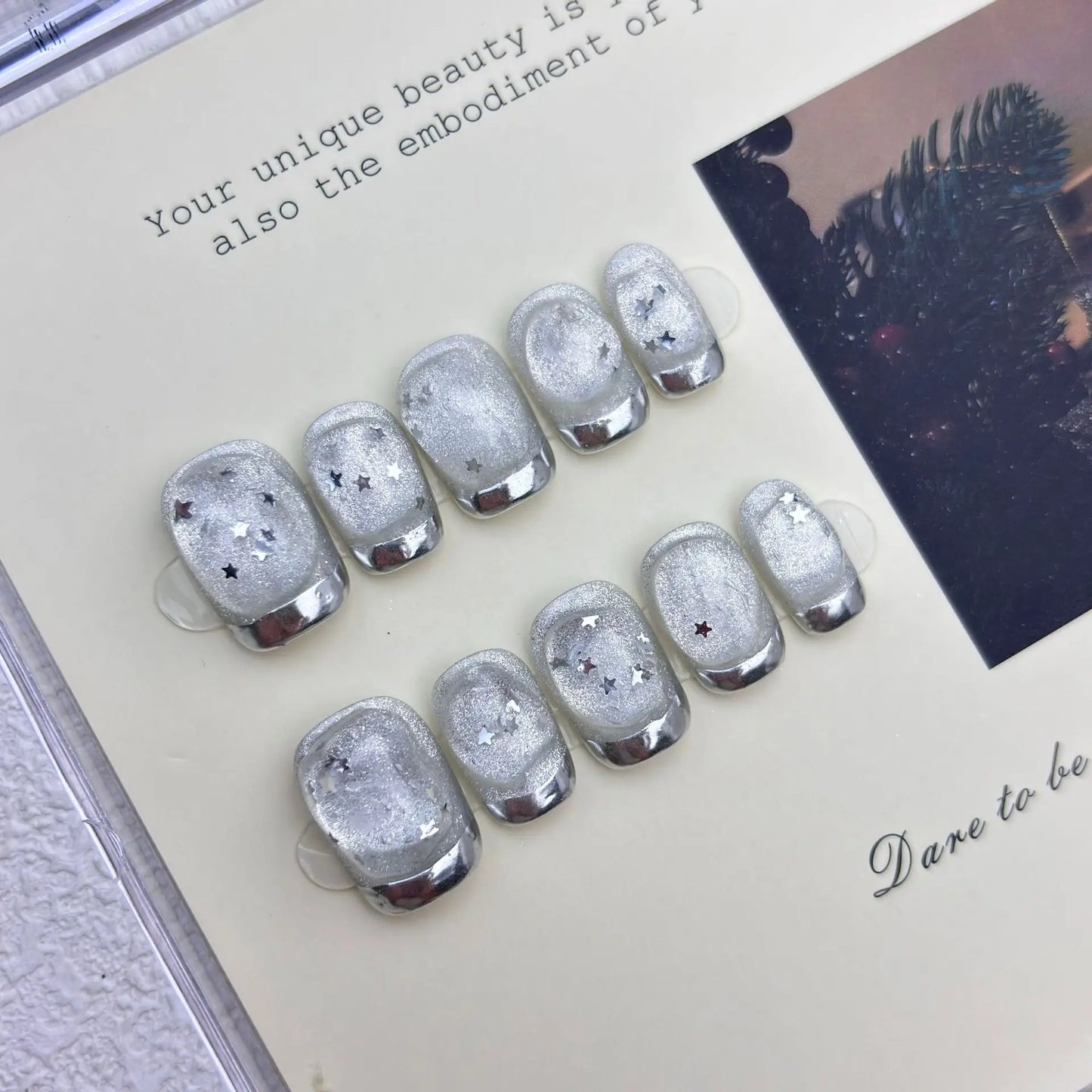 10Pcs Handmade Press on Nails Cat's Eye Shimmering Star Silver French False Nail for Women&Girls Removable Wearable Fake Nail