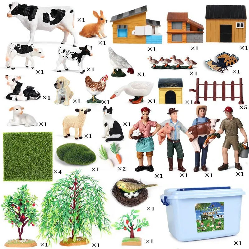 Oenux Farm House Model Action Figures Farmer Motorcycle Cow Hen Pig Animals Set Figurine Miniature PVC Cute Educational Kids Toy