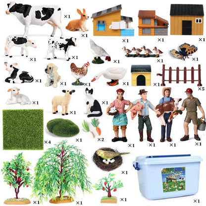 Oenux Farm House Model Action Figures Farmer Motorcycle Cow Hen Pig Animals Set Figurine Miniature PVC Cute Educational Kids Toy