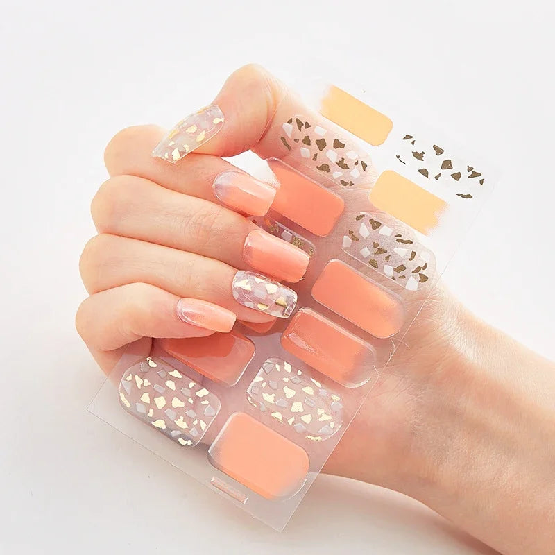 16Tips Nude Semi-Cured Gel Nail Wraps Sticker Long-Lasting UV LED Lamp French Nail Decal Full Cover Waterproof Semi-Cured Sticke