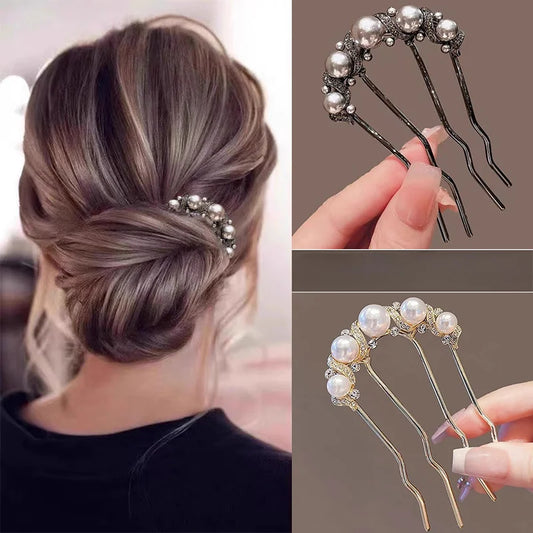 1/2pcs set of U-shaped Imitation Pearl hairpins for women, back-of-the-head bun artifact hairpin, four-tooth metal insert comb