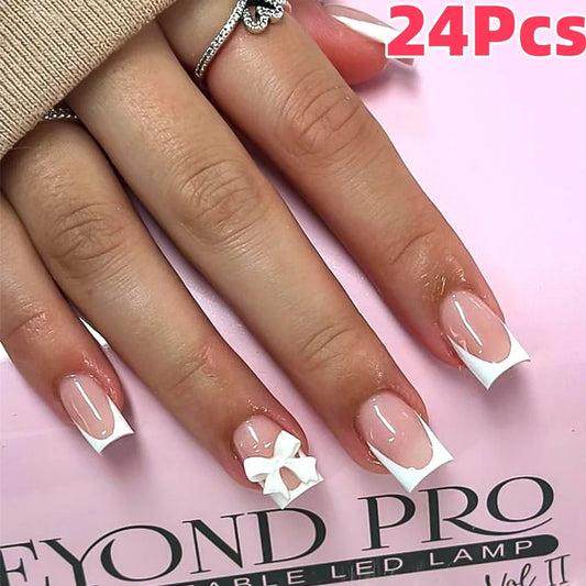 24Pcs White French Square Press on Nails with 3D Bowknot Full Cover Short False Nail Wearable Fake Fingertip for Women&Girls DIY