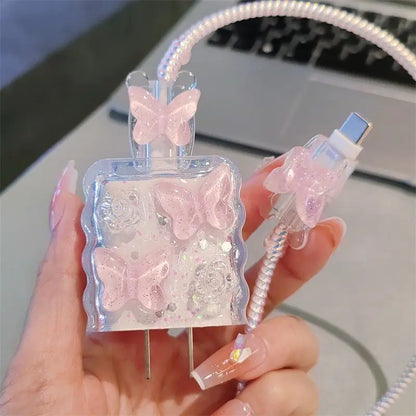 Pink Crystal Butterfly Charging Data Cable Protector Winder Accessories For IPhone 18w/20w Cartoon Charger Protective Cover