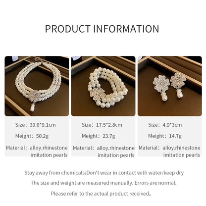 Flower Party Necklaces Women French Luxury Imitation Pearl Multi-layer Necklaces Bracelet Earrings Shiny Rhinestone Jewelry Sets