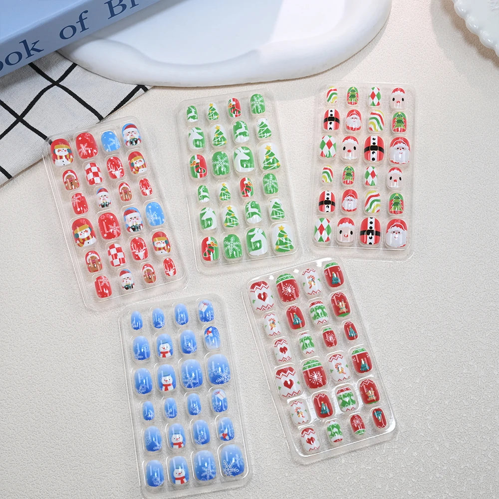 120pc/Box Kid's Christmas Press On Nails Kawaii Cartoon Santa Snowman Xmas Tree Full Cover Acrylic False Nail Kid Christmas gift