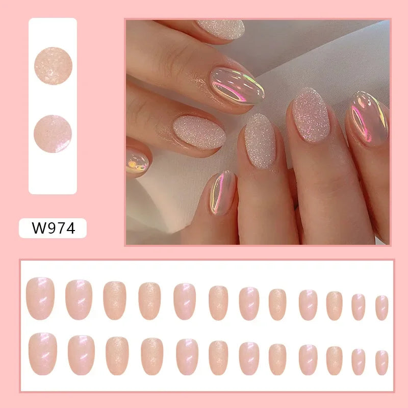 Fresh Green Tea 24 Pcs Fake Nail with Jelly sticker Press on False Nails Wearable Round Head Oval Full Cover Nail Tips