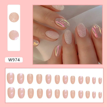 Fresh Green Tea 24 Pcs Fake Nail with Jelly sticker Press on False Nails Wearable Round Head Oval Full Cover Nail Tips