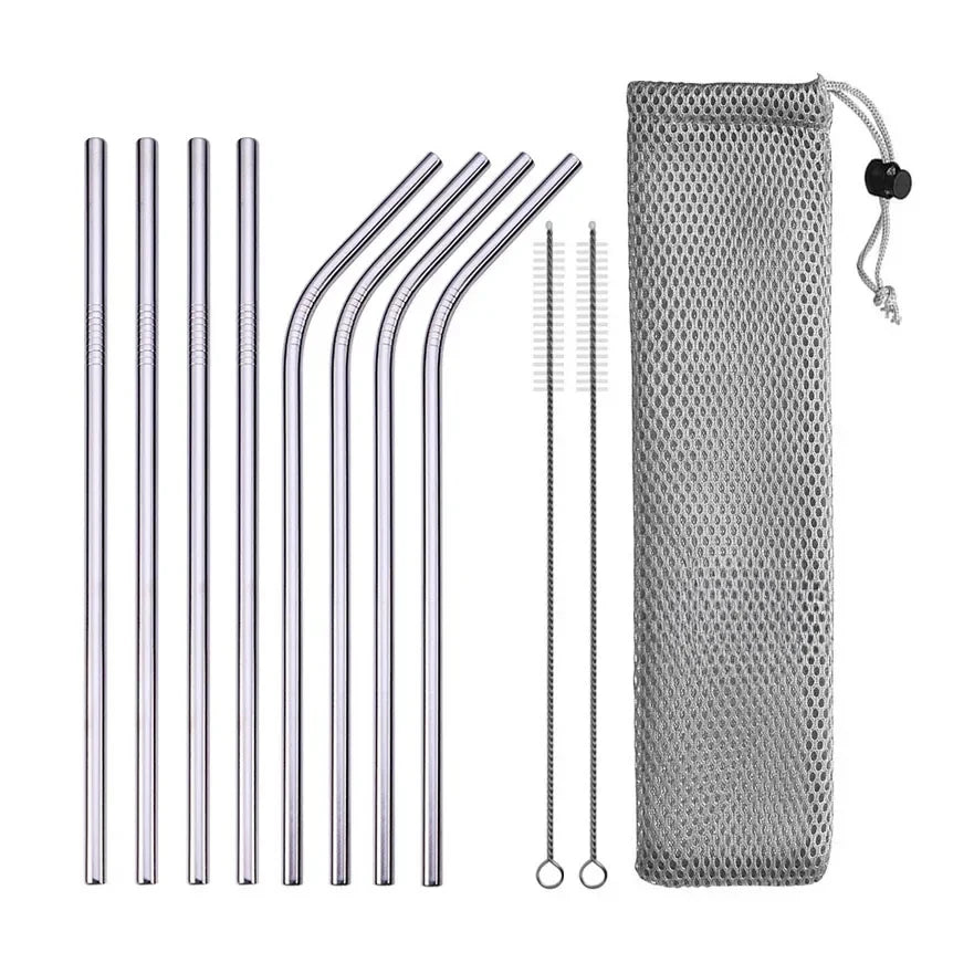 UPORS Reusable Drinking Straw 304 Stainless Steel Straws Straight Bent Metal Straw with Cleaner Brush Pouch Wholesale