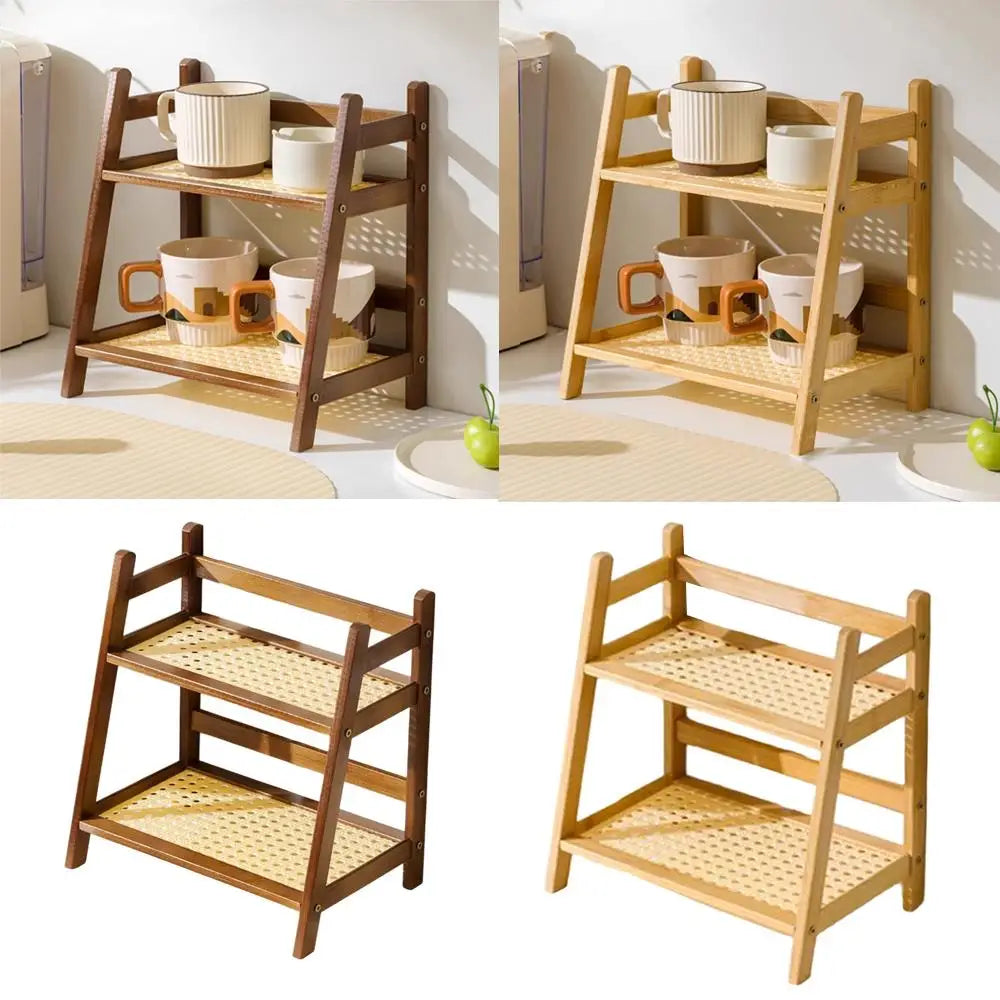 2 Laye Bamboo Counter Top Organizer Coffee Cup Holder Display Rack Storage Rack For Kitchen Condiment Grocery Storage Shelf
