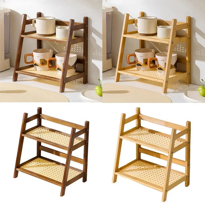 2 Laye Bamboo Counter Top Organizer Coffee Cup Holder Display Rack Storage Rack For Kitchen Condiment Grocery Storage Shelf