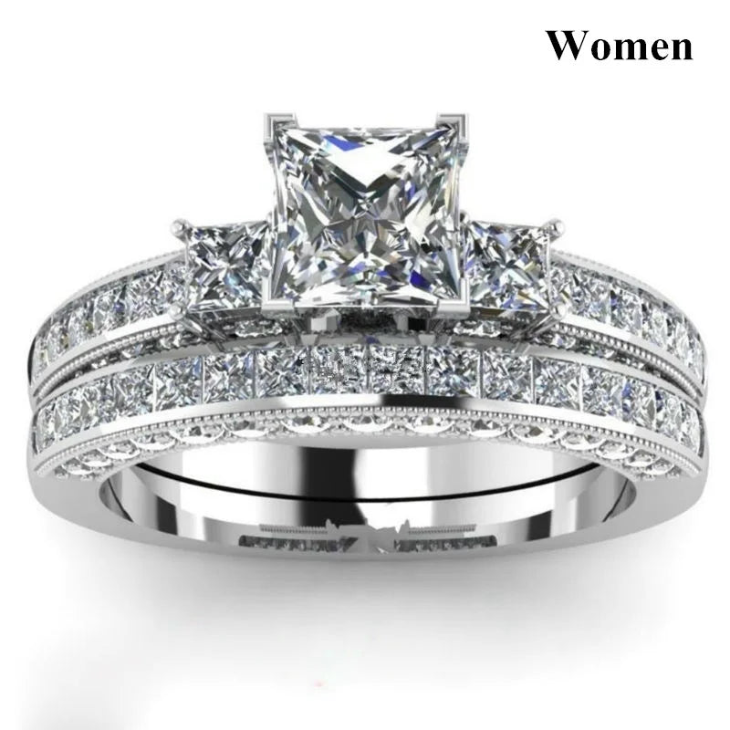 Fashion Couple Rings Romantic Women Rhinestones CZ Rings Set Trendy Men Stainless Steel Zircon Stone Rings Wedding Band Jewelry