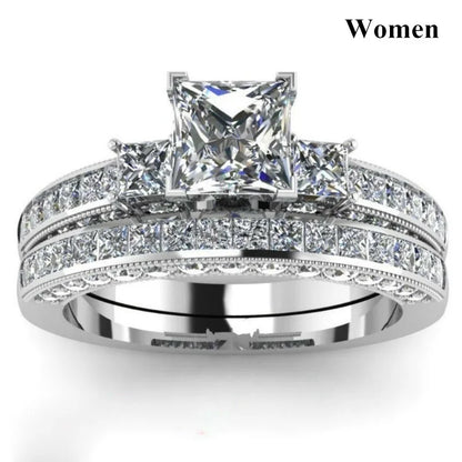 Fashion Couple Rings Romantic Women Rhinestones CZ Rings Set Trendy Men Stainless Steel Zircon Stone Rings Wedding Band Jewelry