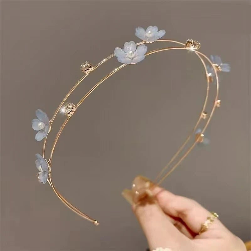 New Double Layer Metal Hairband Flower Pearl Headband for Women Headwear Shiny Rhinestone Hair Band Hoop Hair Accessories