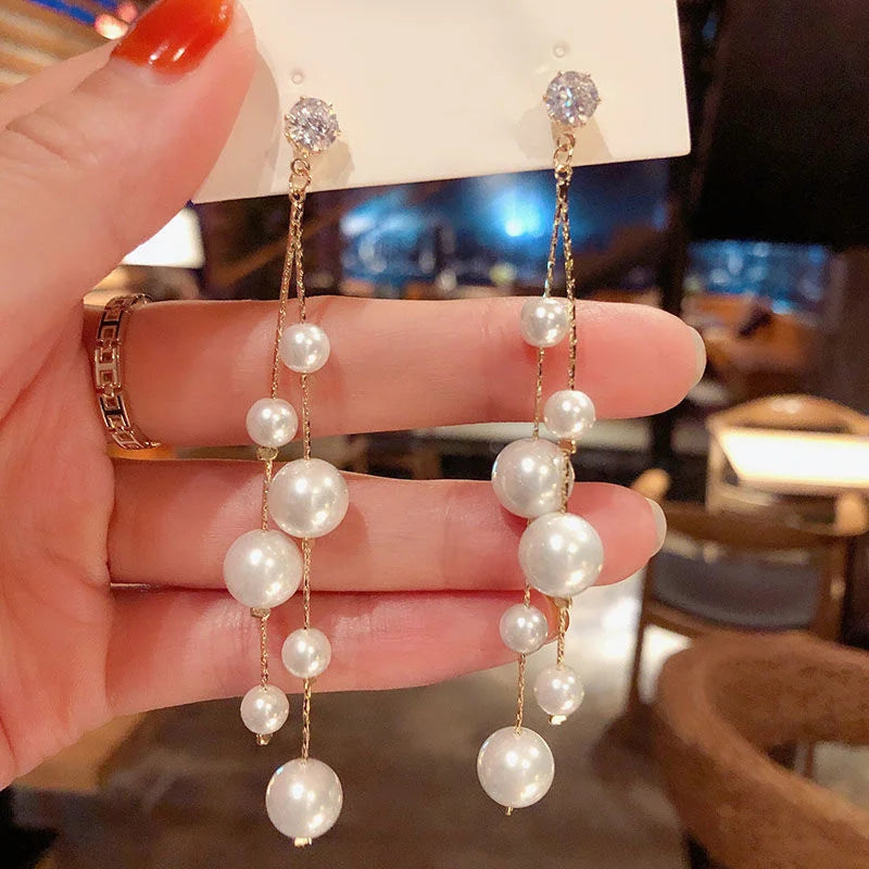 1Pair Korean Style Long Imitation Pearl Tassel Dangle Earrings For Women Trendy Full Crystal Fringe Drop Earring Vintage Jewelry